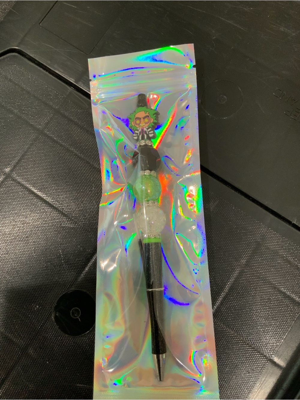 Beetle juice Black Pen with Green and Clear Bead Accent
